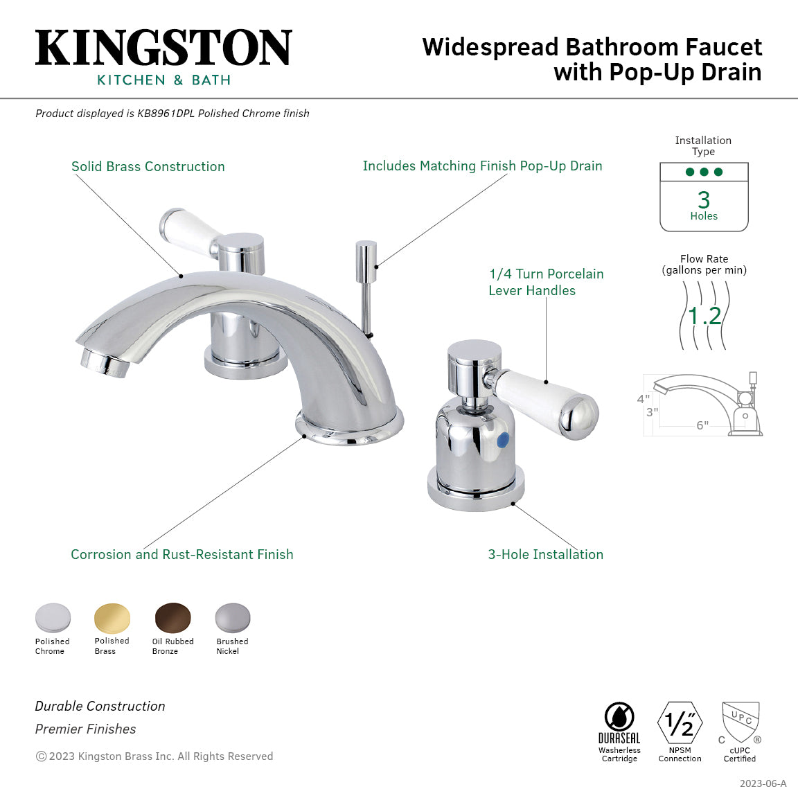 Kingston Tulare KB8962DPL - Paris Two-Handle 3-Hole Deck Mount Widespread Bathroom Faucet with Pop-Up Drain, Polished Brass — thumbnail 3